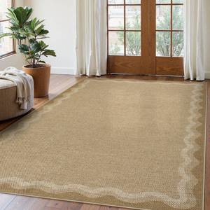 lot 17809 image: LIVEBOX Scalloped Washable Outdoor 5x7 Rug, Easy Jute Tan Rug for Living Room, Indoor Geometric Rug for Bedroom, Farmhouse Rugs Dining Room Mat Modern Carpet Area Rug for Patio Home Office Decor