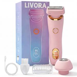 lot 18047 image: Livora Womens Electric Shaver��Pain-Free Hair Trimmer for Sensitive Skin, Featuring Removable Blades and Waterproof Rechargeable Design (Pink).