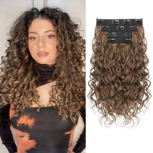 lot 18050 image: REECHO Curly Hair Extensions, 4PCS 16 inch Clip in Hair Extensions Lace Weft Short Curly Hair Extensions Clip Ins Invisible Natural Hairpieces for Women, Light Brown