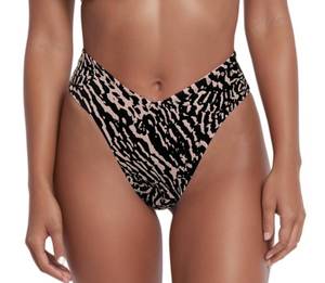 lot 18053 image: geluboao Women Sexy V Cut Cheeky Bikini Bottoms Mid Waist High Cut Swim Bathing Suit Bottoms Leopard XXL