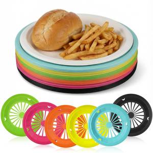 lot 18068 image: AOZUO 30 Pcs Reusable Plastic Paper Plate Holders, 10 Inch Heavy Duty Round Paper Plate Holder with Snap-In Grooves Hollow Plates Holders for Picnic Party BBQ(6 Assorted Colors)