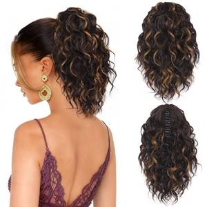 lot 18071 image: Clip on Ponytails for Women - 12 Inch Curly Ponytail Extension, Curly Pony Tails Hair Extensions, Synthetic Clip in Ponytail Hair Extensions (Color Dark Brown with Honey Blonde Highlights)