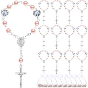 lot 18073 image: Misdary 30 Sets Baptism Mini Rosary with Organza Bags Faux Pearls Baptism Rosary Favors for Guests Catholic Finger for Christening Weddings Party Favors First Communion Gift(Pink)