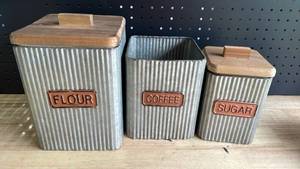 lot 19840 image: Galvanized Metal Kitchen Canister Set with Wood Lids (Missing Medium Lid)