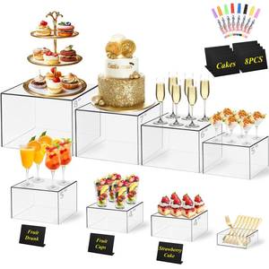 lot 19855 image: 8 Pcs Clear Acrylic Buffet Risers with Mini Sign and Maker,Buffet Risers and Stands Clear Food Display Risers for Buffet Table Party Catering Dessert Cupcake Collectibles (8 7 6 5 5 4 4 3)