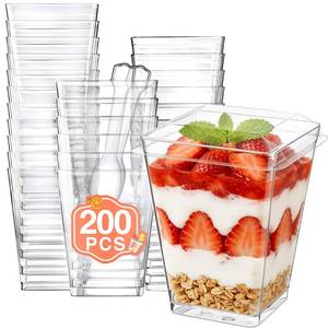 lot 19886 image: Eupako 5 oz Clear Plastic Dessert Cups with Lids and Spoons - 200 Pack Small Square Appetizer Cup for Desserts, Parfait, Puddings, Mousse