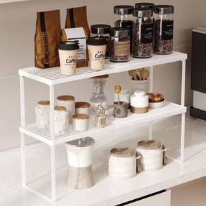 lot 19905 image: Magheo Expandable Cabinet Shelf Organizer, 2 Pack Stackable Kitchen Counter Shelf Riser, Metal Spice Rack Adjustable Heavy Duty Countertop Organizer Storage for Kitchen, Pantry, Cupboard, Rv (White)