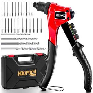 lot 19906 image: KOOPOOL Rivet Gun Kit, Adjustable Stroke Design Manual Pop Rivet Tool with 200 Rivets and 4 Drill Bits, 4 Tool-Free Rivet Heads, Heavy-Duty Hand Riveter with Sturdy Case for Metal, Plastic, Leather
