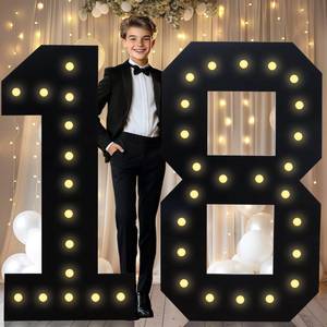 lot 19908 image: 4FT Marquee Light Up Numbers, Black Giant Marquee Number Big Mosaic Number for 18th Birthday Party Decorations Boys Backdrop 18 Anniversary Decor, Pre-Cut Frame Large Number 18