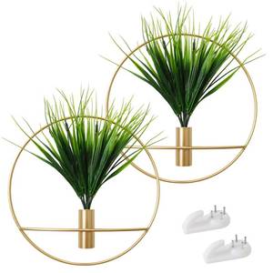 lot 20070 image: SAJANDAS Set of 2 Artificial Plants with Gold Metal Round Hanging Hoop for Wall Decor, Wall-Mounted Green Fake Plants in Metal Hoop for Modern Home Decor, Gold Wall Decor for Bedroom, Living Room
