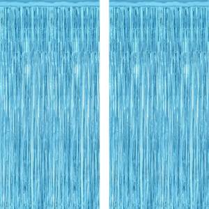 lot 20081 image: 2 Pack Backdrop Curtains, 3.28 Feet x 7.05 Feet Sky Blue Tinsel Backdrop, Metallic Fringe Curtains Foil Tinsel Party Streamer, Winter Backdrop Happy Birthday Party Supplies
