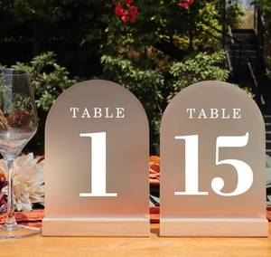 lot 20099 image: ORGANTEAM Wedding Table Numbers 1-15, Acrylic Arch Signs with Natural Wood Stands Holders, Rustic Table Decor for Reception & Parties (Frosted White)