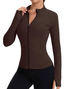 lot 20118 image: Rapbin Workout Jackets for Woman Fall 2025 Long Sleeve Running Athletic Golf Shirts Sports Active Crop Top Slim Fit Coffee, M