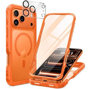lot 20124 image: seacosmo for iPhone 17 Pro Case, Full Body Bumper with Built-in Tempered Glass Screen and Camera Lens Protector, Compatible with MagSafe, Shockproof 17 Pro Phone Case, 6.3, Orange Matte