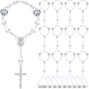 lot 20125 image: Misdary 30 Sets Baptism Mini Rosary with Organza Bags Faux Pearls Baptism Rosary Favors for Guests Catholic Finger for Christening Weddings Party Favors First Communion Gift(Silvery)