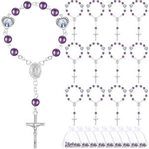 lot 20139 image: Misdary 30 Sets Baptism Mini Rosary with Organza Bags Faux Pearls Baptism Rosary Favors for Guests Catholic Finger for Christening Weddings Party Favors First Communion Gift(Purple)