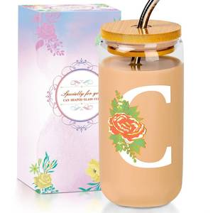 lot 20148 image: SENTVEND Initial Glass Cup with Lid and Straw Color-changing Monogrammed Gifts for Women 16 oz Iced Coffee Drinking Glass Tumbler Personalized Christmas Thanksgiving Birthday Gifts for Women Her Mom