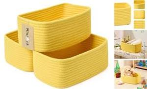lot 1464 image: MiniArk Small Basket for Organizing  Cube Shelf Closet Storage Baskets  9.7�9.7�7.1  Woven Rope Gift Basket  Nursery  Round 3 Packs Yellow