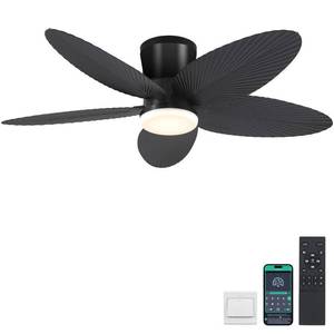 lot 1519 image: Surtime Palm Leaf Ceiling Fans with Lights-42 Tropical Ceiling Fan with Light and RemoteAPP Control,Flush Mount Low Profile Black Ceiling Fans for Bedroom,IndoorOutdoor Patio Use