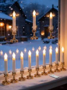 lot 1537 image: Romadedi Christmas Window Candles Remote - Pack of 12 Battery Operated LED Flameless Taper with Suction Cup Flickering Electric Candlestick Lights Gold Decoration