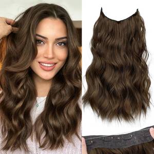 lot 2341 image: KooKaStyle Invisible Wire Hair Extensions with Transparent Wire Adjustable Size Long Wavy Synthetic Hairpiece Rich Medium Brown 16 Inch with 4 Secure Clips for Women