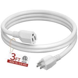 lot 2343 image: 163 Short Extension Cord 3 FT, White Extension Cord Flexible & Durable, Indoor 3 Prong Power Cable, Suitable for Home and Office, 13 Amp 1625 Watt 125VAC 16AWG, ETL Listed