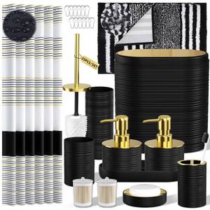 lot 3941 image: InnJoey Bathroom Set - Bathroom Sets with Shower Curtain and Rugs, 25PC Bathroom Accessory Set, Black Bathroom Accessories Set with Trash Can, Soap Dispensers