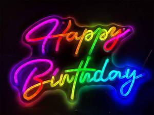 lot 3988 image: RGB & Color Flow Effect Happy Birthday LED Neon Sign with Remote Control Music Sync Timer Setting LED Acrylic Light for Wall Party D�cor Bedroom Bar Wedding Home Birthday USB Powered