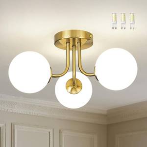 lot 3989 image: Cargifak 3-Globe Gold Semi Flush Mount Ceiling Light in a Modern Farmhouse Design is Ideal for Living Rooms, Bedrooms, or Dining Rooms. ModelCKCL4845-3W-PG.(Bulb Incl)