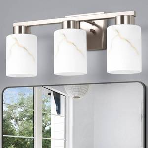 lot 3992 image: Mieloxiy 3-Light Bathroom Light Fixtures, Modern Vanity Lights, Brushed Nickel Metal Wall Lamp with White Marble Glass for Bathroom, Mirror, Living Room, Bedroom, Cabinet, Porch, Hallway, E26 Base