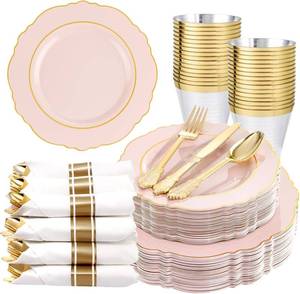 lot 3995 image: Liacere 175PCS Pink Plates Disposable - Pink and Gold Plates 25guest Baroque Plastic Dinnerware include 150Plates, 25Pack Pre Rolled Napkins with Silverware 25Cups Perfect for Wedding &Mothers Day
