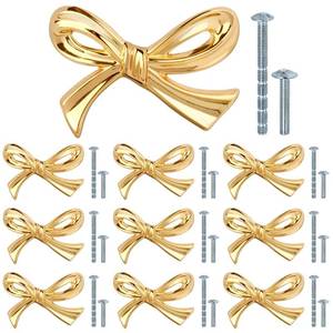 lot 4078 image: Draupnir 10Pcs Large Gold Bow Knobs for Dresser Bow Shape Cabinets Knobs, Metal Brass Bows Hardware Decorative Drawer Handles for Desk, Wardrobe, TV Cabinet & Bookcase(2.76 x 1.97)
