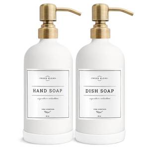 lot 4082 image: Vine Creations White Glass Soap Dispenser, 2 Pack Kitchen Soap Dispenser Set with Stainless Steel Pump, 16 oz Dish Soap and Hand Soap Dispensers for Bathroom with Waterproof Labels