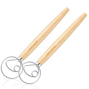 lot 6001 image: Pack of 2 Danish Dough Whisk, Kitchen Baking Flour Mixing Tool for Sourdough, Bread, Flour Paste, Butter, Pancake, Pizza, Cake, Pastry, Biscuits, Wooden Handle Stainless Steel Ring