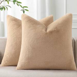 lot 6050 image: Pallene Faux Fur Plush Throw Pillow Covers 18x18 Set of 2, Soft Fluffy Couch Pillow Covers for Living Room, Khaki