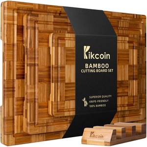 lot 6064 image: Kikcoin Extra Large Bamboo Cutting Boards, (Set of 3) Chopping Boards with Juice Groove Bamboo Wood Cutting Board Set Butcher Block for Kitchen, End Grain Serving Tray