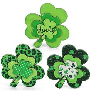 lot 6074 image: St. Patricks Day Shamrock Decorations, 3Pcs Wooden Saint Patrick Day Table Centerpiece Trays Decor Signs, Vintage Clover Tabletop Decoration for Home Office Shelf Table Mantel Tiered Tray (Shamrock)