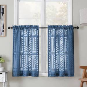 lot 6093 image: Simplebrand Semi Sheer Dusty Blue Curtains 36 Inch Length 2 Panels, Geometric Jacquard Clip Textured Short Sheer Curtains for Bedroom��Modern Elegant Window Curtains PanelsDrapesTreatment��30x36 inch