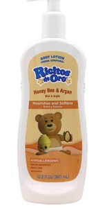 lot 6102 image: Ricitos de Oro Honey and Argan Baby Body Lotion That Helps Smooth Baby Skin -Hypoallergenic with Honey Bee Extract Delicious Scent, 1-Pack of 12.8 FL Oz, 1 Bottle.