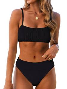 lot 6107 image: ANRABESS Women��s Bikini Sets, High Waist Tummy Control Swimsuits,Ribbed Textured 2 Piece Bathing Suits,Cheeky Beach Swimwear Black Large