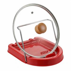 lot 6431 image: Pot Lid Holder, Foldable Kitchen Utensil Rest for Countertop & Wall, Red Stainless Steel Lid Stand with Drip Tray, Space Saving Pot Lid Organizer for Spatula, Ladle, Spoon, Kitchen Gadgets color beige