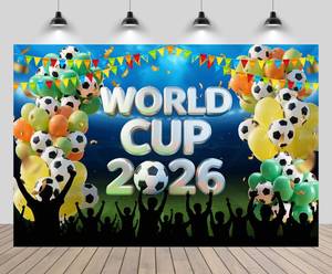 lot 6441 image: chnywork 7x5ft World Cup Backdrop 2026 Soccer Stadium Cheering Audience Soccer Balloons Background for World Cup Party Decoration Football Event Photo Booth Props