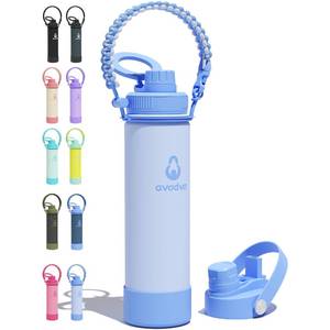 lot 6464 image: avodvo 20 oz Insulated Water Bottle with 2 Lids (2-in-1 Straw & Spout Lid, Magnetic Lid), Slim Water Bottle with Strap, Stainless Steel Water Bottle for School, BPA-Free, PA-Free, Light Blue