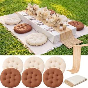 lot 6493 image: Frienda 91 x 71 Extra Large Outdoor Boho Picnic Blanket with Camel Table Runner and 6 Brown Floor Pillows Cushions for Picnic Party Camping Wedding Bachelorette Birthday Baby Shower Backyard Decor