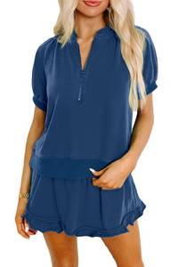 lot 8149 image: KevaMolly Womens 2 Piece Lounge Sets Casual Half Zip Puff Sleeve Top and Ruffled Shorts Outfits Royal Blue M