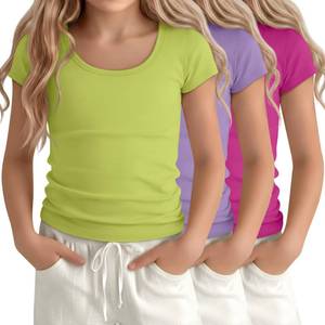 lot 8151 image: YooAurvox 3 Pack Girls Cap Sleeve T Shirts Summer Slim Fit Basic Tees Tops Casual Scoop Neck Kids Shirts for 5-14 Years(Rose Red, Purple, Lime Green,5-6 Years)
