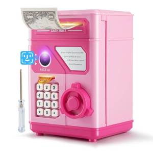 lot 8172 image: GONINO Piggy Bank for Kids - Electronic ATM Money Safe for Girls with Code & Face ID Sticker, Mini ATM Coin Bank Money Saving Box Toys with Auto Grab Bill Slot, Birthday Gifts for 5-12 Year Old Girl