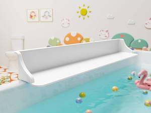 lot 9847 image: Cushore 3-Ft Bathtub Splash Guard PlayPad with Strong Suction Cups, Toy Tray Caddy Holder Storage, No-Leak, Mess-Free Bath Time for Kids, White