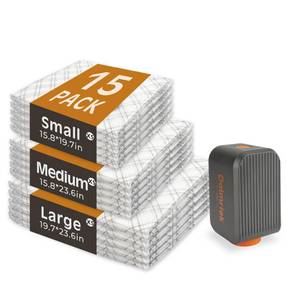 lot 9853 image: Dolmriek Travel Vacuum Storage Bags with USB Electric Pump, 15 Pack Compression Seal Bags for Luggage and Suitcase, Space Saver for Clothes and Clothing