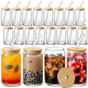 lot 9857 image: VITEVER  20pcs Set  Glass Cups with Bamboo Lids and Glass Straw - Beer Shaped 16 oz Iced Coffee Drinking Glasses, Cute Tumbler Cup for Smoothie, Boba Tea, Whiskey, Water